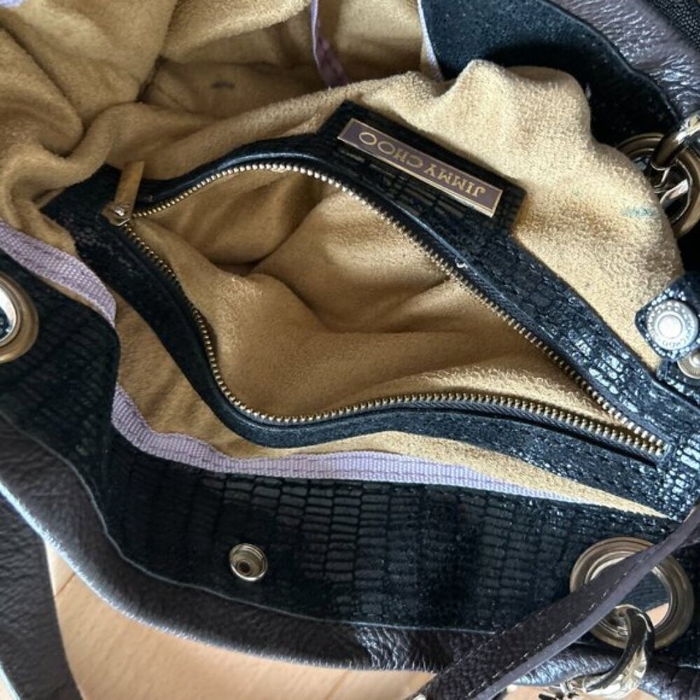 JIMMY CHOO Shoulder Bag snake print black Leather bag medium double straps - Picture 11 of 15